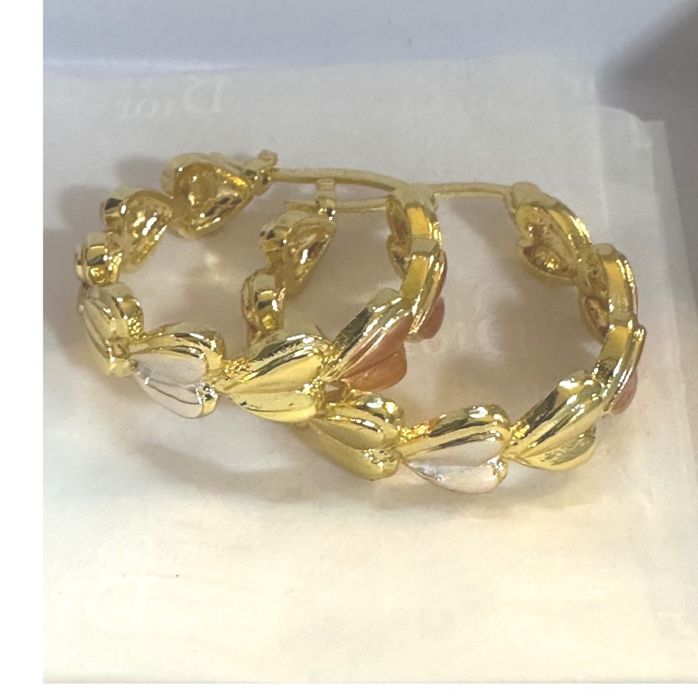 Tri-Tone Puffed Heart Hoop Earrings Gold Silver Rose Gold Tone 1 Inch Hoops